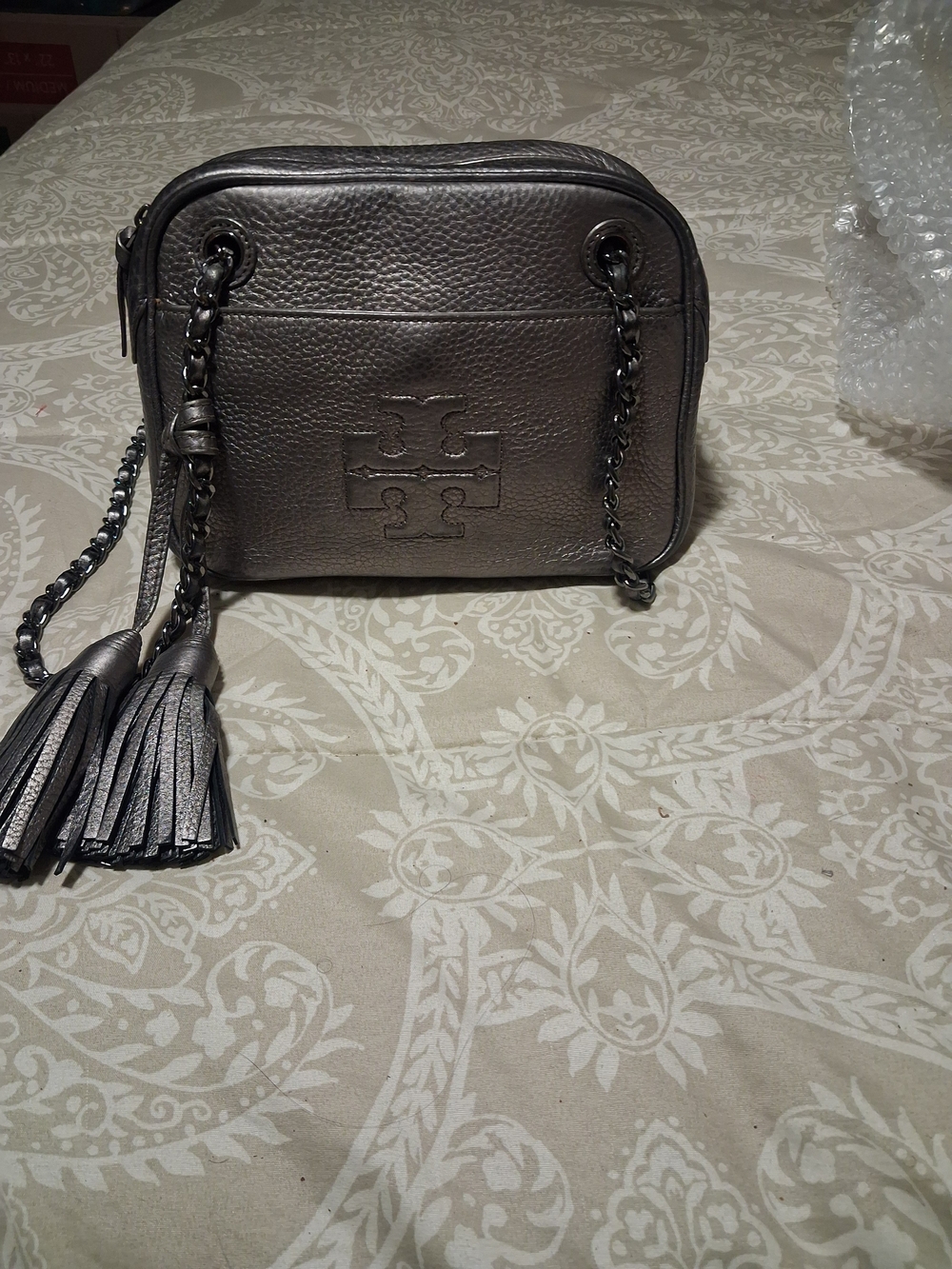 Tory Burch Metallic Gray Leather Crossbody with Tassel